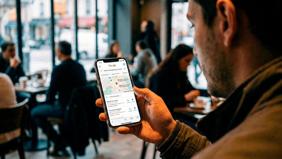 Celular exibindo resultados de busca no Google Maps com empresas locais em destaque.
