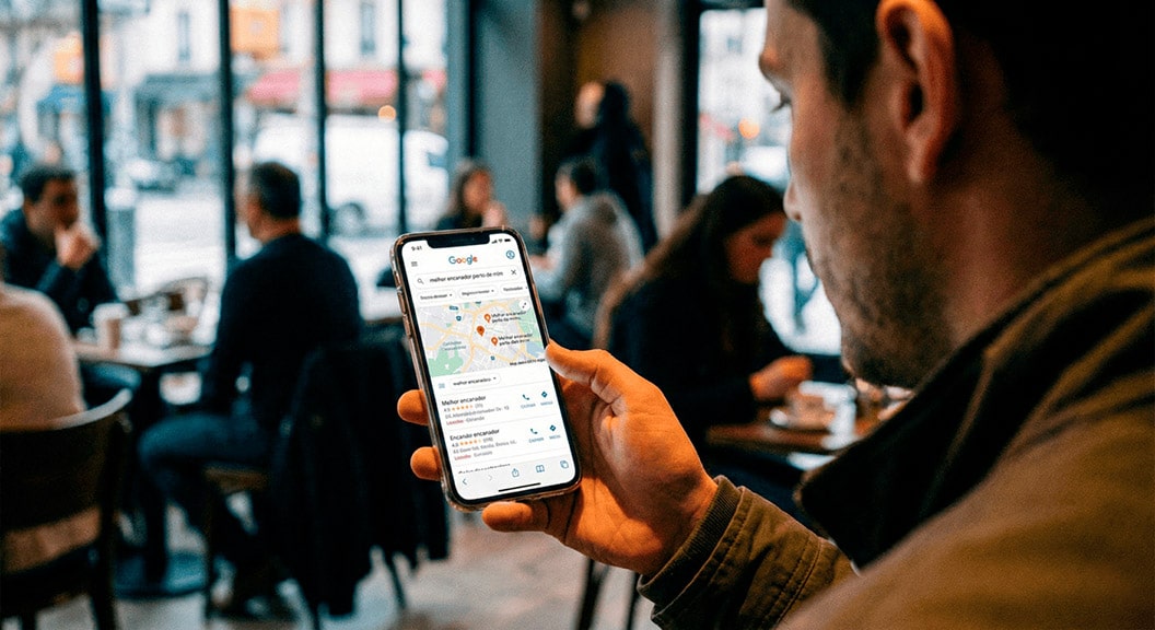 Celular exibindo resultados de busca no Google Maps com empresas locais em destaque.