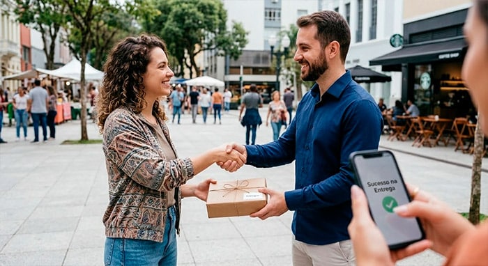 Duas pessoas se cumprimentando em um local público e seguro, simbolizando uma entrega de produto feita com sucesso.