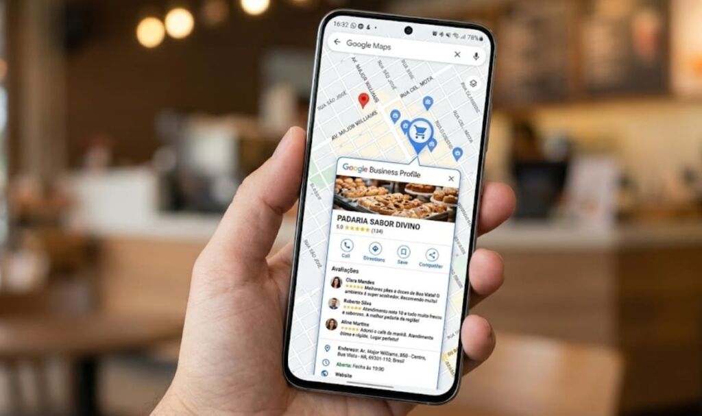 Tela de smartphone mostrando um mapa local com pins de empresas e uma ficha do Google Perfil de Empresa com nota 5 estrelas e comentários positivos.