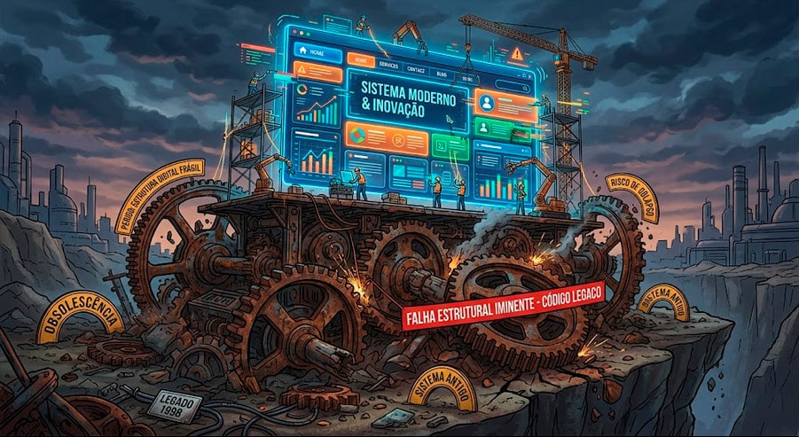 Ilustração conceitual de um site moderno sendo construído sobre uma base de engrenagens enferrujadas, representando o perigo de reformar estruturas digitais obsoletas.
